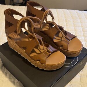 Sorel Tan Lace-Up Cork Wedge Sandals